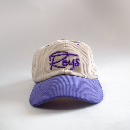 front view of purple and tan courduroy hat